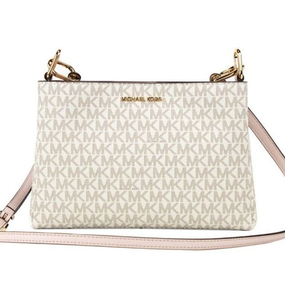 NEW Michael Kors Trisha Triple Compartment Crossbody Bag Vanilla Powder Pink PVC - Picture 3 of 13